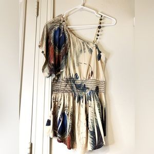 Papaya: Women’s Retro Print One Sleeve Jeweled Strap Top (Large)